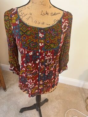 Boho Scoop Neck Blouse in Red Multi